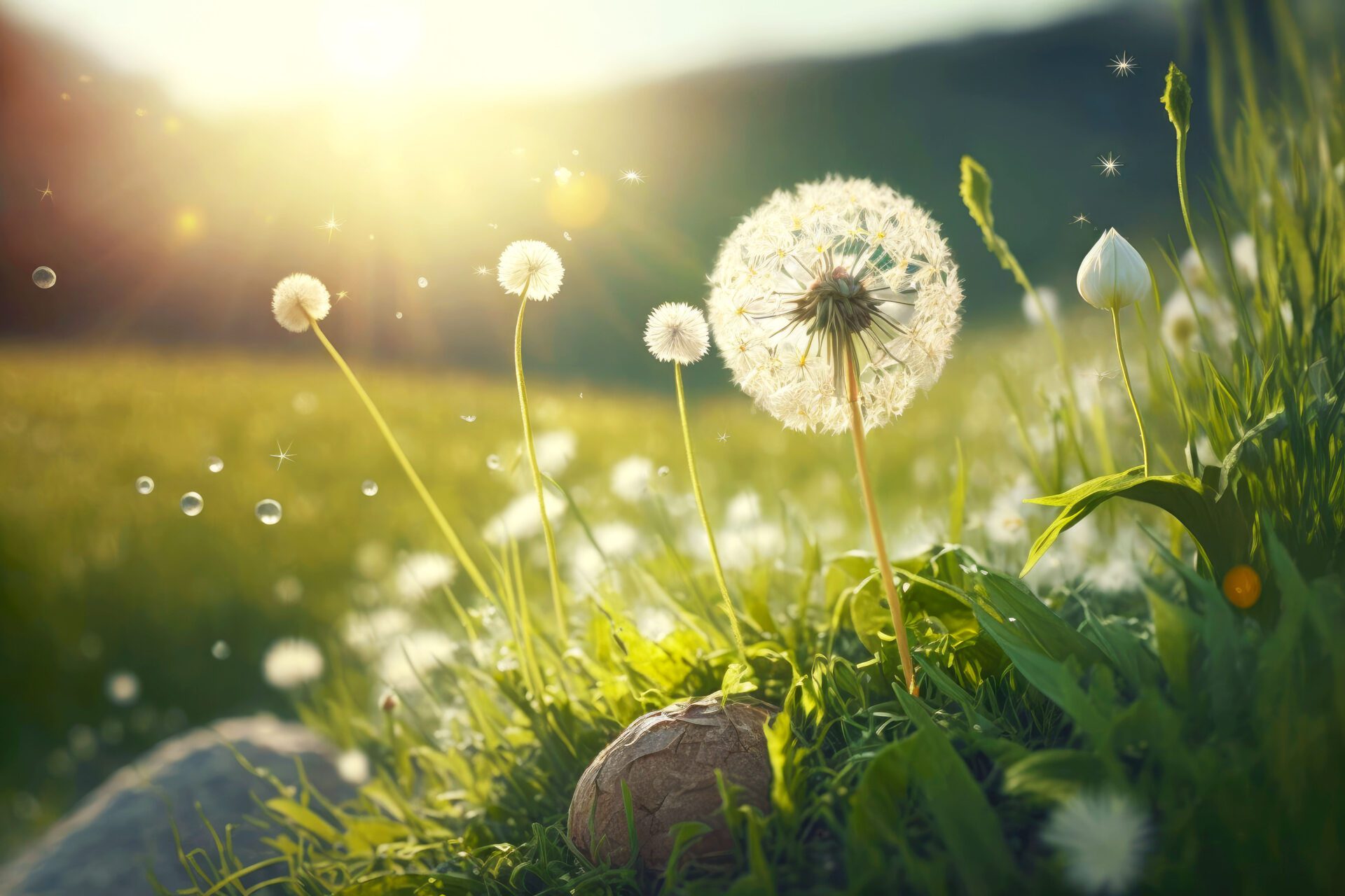 sunny summer meadow with small flowers and dandelion with seeds in nature, generative ai sunny summer meadow with small flowers and dandelion with seeds in nature, generative ai